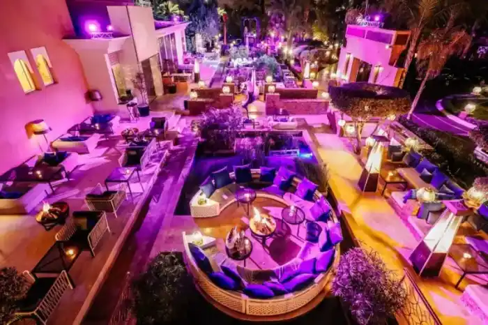 Marrakech rooftop evening with city lights, Amoudo Journeys chauffeur waiting at curbside for the night ride